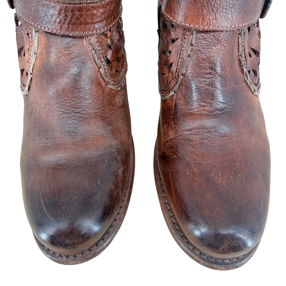 Bed Stu Heather Women 7.5 Brown Leather Perforated Ankle Boots Buckle Bootie